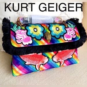 KURT GEIGER Kensington embroidered fish velvet fringe convertible crossbody bag
